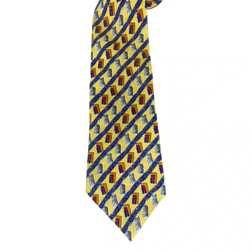 Perry Ellis Mens‎ Silk Tie Yellow Geometric Abstract Italian Silk USA 57